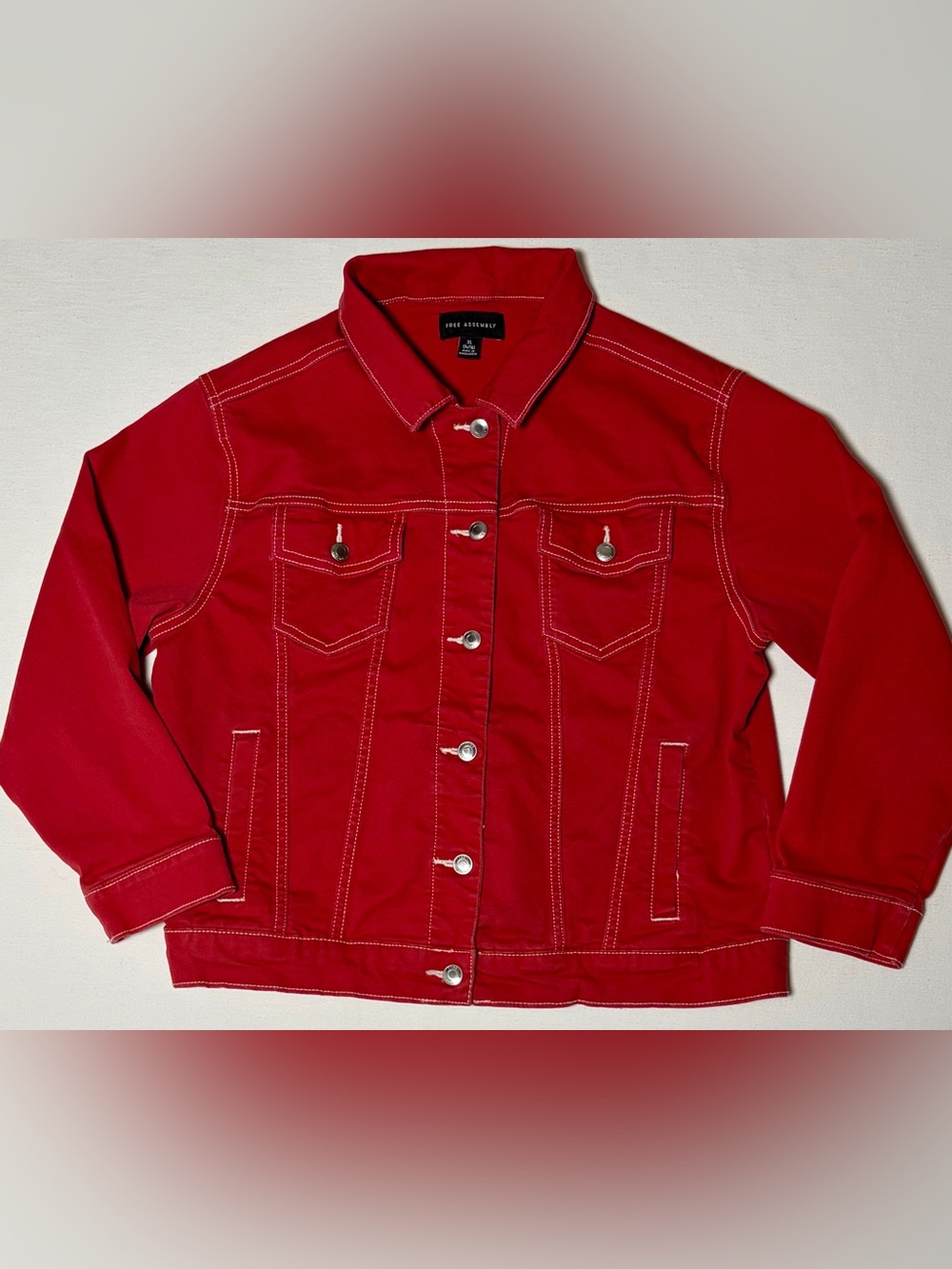 Free Assembly Classic Red Denim Snap Front Jacket Girls XL Utility Chic Nice